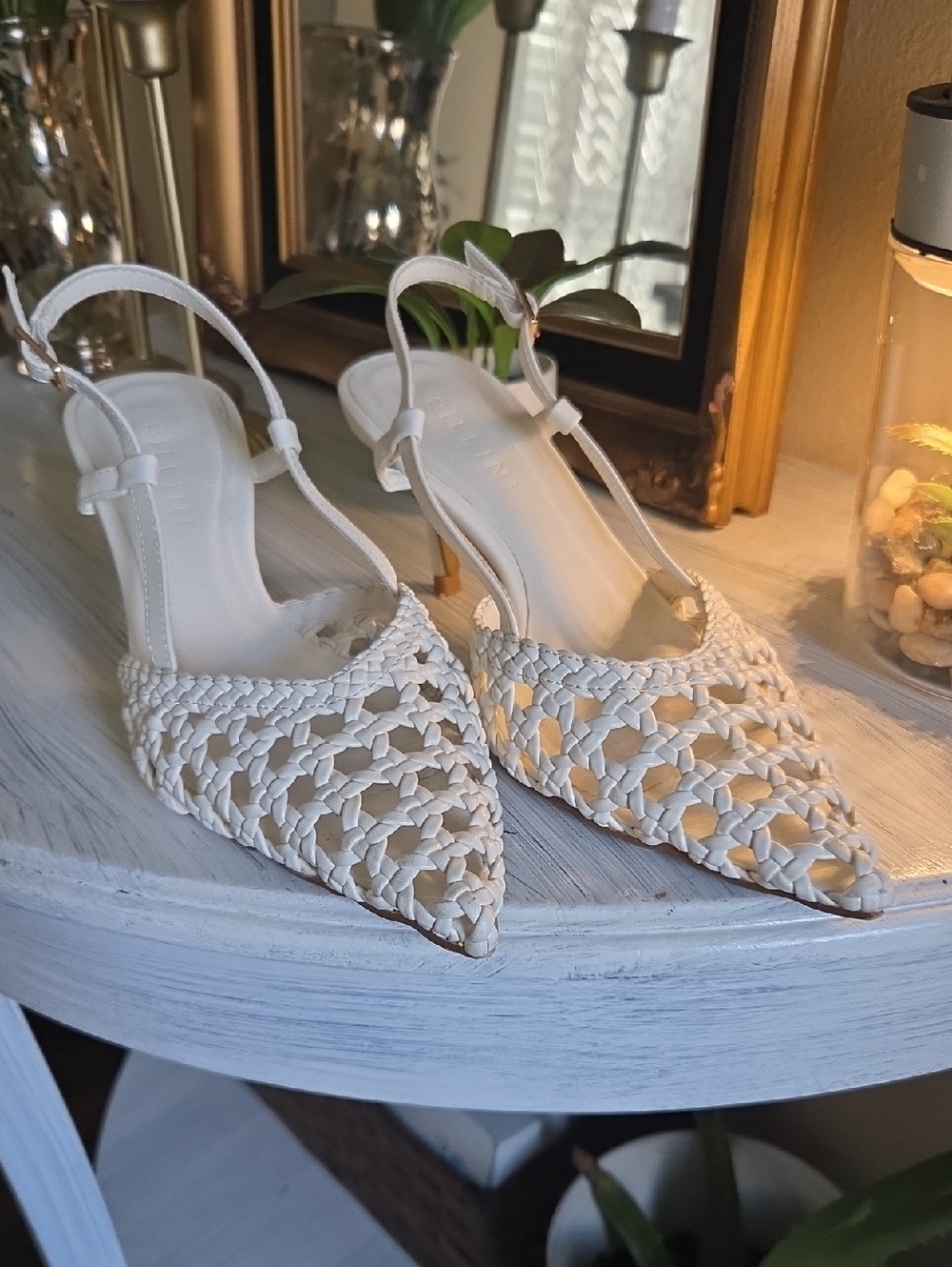 Billini White Woven Pointed Slingback Mules